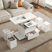 Mesa de centro elevable y plegable con 4 taburetes y almacenamiento
