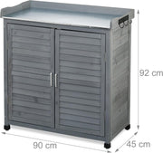 Relaxdays Mesa de cultivo con armario inferior, 3 ganchos, madera, encimera de zinc, Al x An x Pr: 92 x 90 x 45 cm, armario de jardín, gris