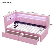 Cama con plataforma tapizada con puertos USB e iluminación LED - Base de cama matrimonial/individual con 2 cajones de almacenamiento - Dormitorio moderno