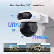Cámara de vigilancia WiFi exterior inalámbrica EZVIZ 8MP (4MP+4MP) con doble objetivo motorizado, cámara exterior solar, modo siempre encendido, detección de personas/vehículos, CB90 Dual + panel solar de 8W