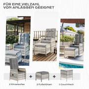 Set de muebles de jardín de ratán de 5 piezas, conjunto de conversación para patio con 2 sillas, 2 taburetes y 1 mesa, respaldos ajustables y cojines suaves, para terrazas, jardines y patios, gris