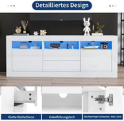 Mueble para TV Merax con iluminación LED, mueble bajo de 160 cm en blanco de alto brillo, sistema de apertura por presión, gran espacio de almacenamiento para salón, control por Bluetooth para la iluminación LED