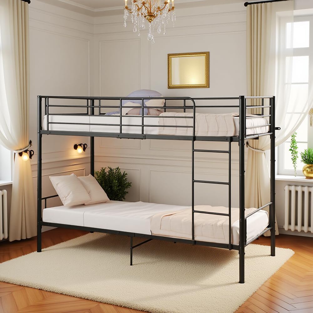 DORAFAIR Litera 90 x 200 cm, de Metal, con Somier de Láminas, Escalera y Protección Anticaídas, Cama Doble, Negro