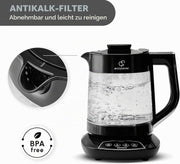 Máquina de té Karaca Caysever, acero, cromo 1700 W, libre de BPA, capacidad de tetera de cristal de 0,8 L, capacidad del depósito de agua de 1,5 L, preparación de agua