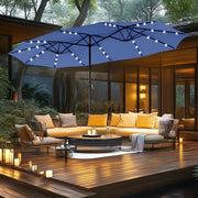 Sombrilla de mercado para exteriores de doble cara MAISON ARTS de 15 pies, rectangular, con manivela, luces LED solares y base incluida