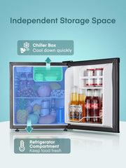FOHERE Mininevera 46L, Frigorífico pequeño con termostato ajustable, ahorro de energía, silencioso, puerta reversible, minibar, adecuado para el hogar y la oficina, dormitorio, hotel, acero inoxidable