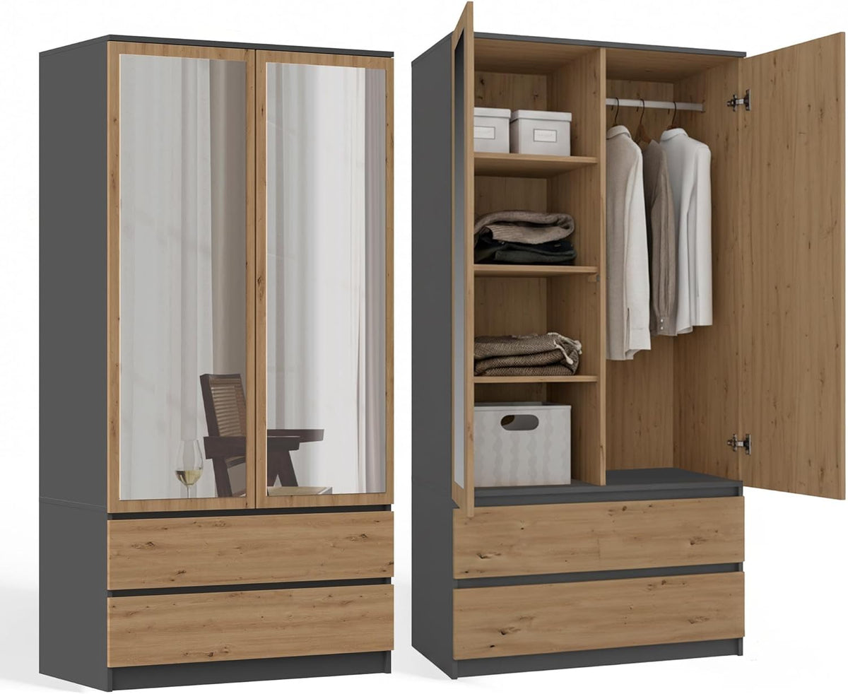 Armario infantil CDF de 90 cm de ancho, armario multiusos de 2 puertas con espejo, 2 cajones, 4 estantes y 1 barra para ropa, tablero laminado de 16 mm, armario multiusos, roble artisan/antracita