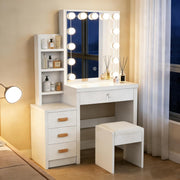 Tocador con espejo e iluminación, mesa de maquillaje, con 4 cajones, 4 estantes abiertos para dormitorio, conjunto de tocador con luces y taburete, 3 estantes ocultos