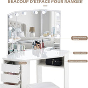 Tocador con espejo de tres paneles y taburete, tocador esquinero con espejo, taburete, 2 compartimentos y 5 cajones, mesa de maquillaje moderna blanca para mujer, regalo con LED