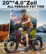 Triciclo eléctrico para adultos KAKIGO, neumáticos anchos de 20”x4”, bicicleta eléctrica plegable de aluminio, motor de 250W, 95 Nm, batería de 48V 15.6Ah, 20 km/h, cesta delantera y trasera, diferencial, 90 km de autonomía