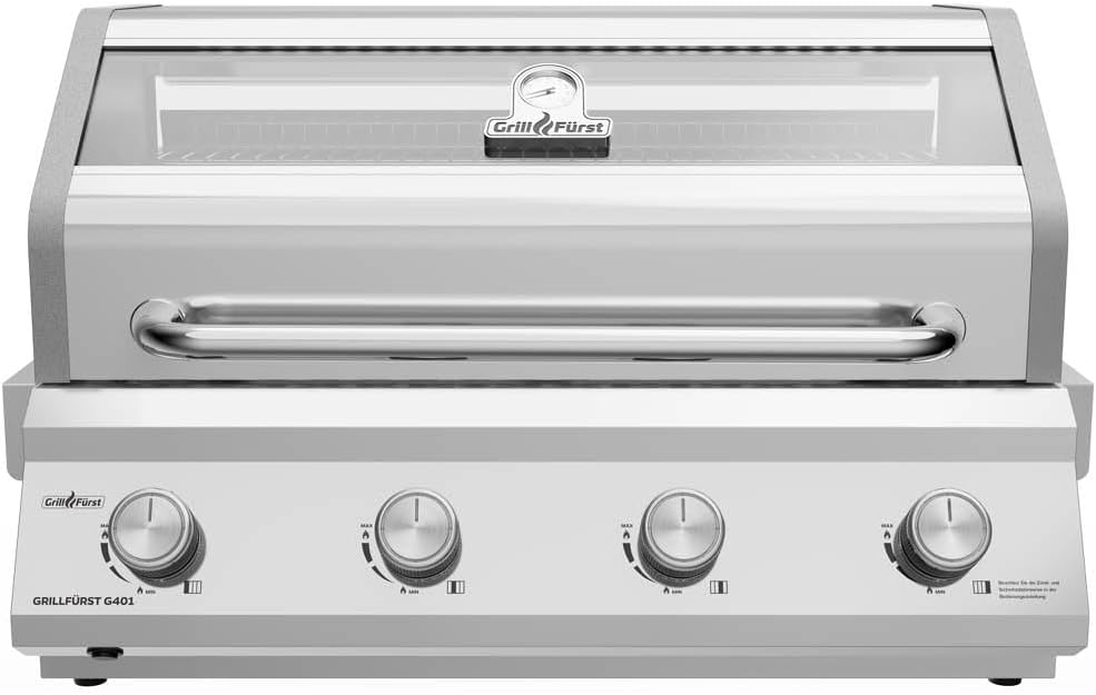Grillfürst Gasgrill G401E - 4 quemadores de acero inoxidable, barbacoa de gas empotrable con ventana, parrilla para cocina exterior con tapa de doble pared y rejillas de acero inoxidable, modelo integrable