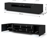 Mueble de TV BIM 200 cm - Aparador universal con frentes laminados, suspendido o de pie - Mueble para televisión, mueble HiFi para salón, negro mate