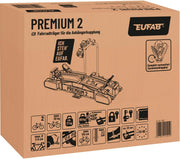 EUFAB 11521 Portabicicletas PREMIUM 2, apto para bicicletas eléctricas, completamente premontado, antirrobo, para 2 bicicletas, para bola de remolque, negro, plata