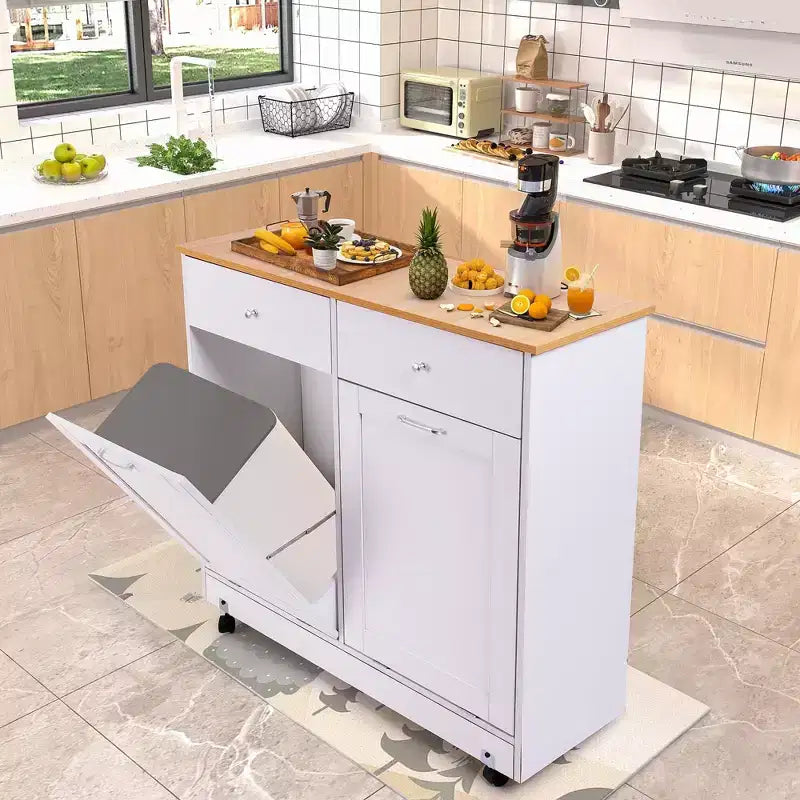 Mueble de basura con doble compartimento basculante EROMMY con 2 cajones, mueble de basura con almacenamiento sobre ruedas, blanco