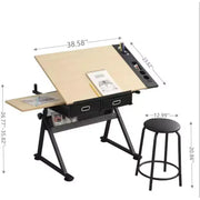 Mesa de dibujo de altura ajustable, mesa de arte inclinable de 0-75° para adultos, escritorio para artistas con 2 cajones de almacenamiento y taburete