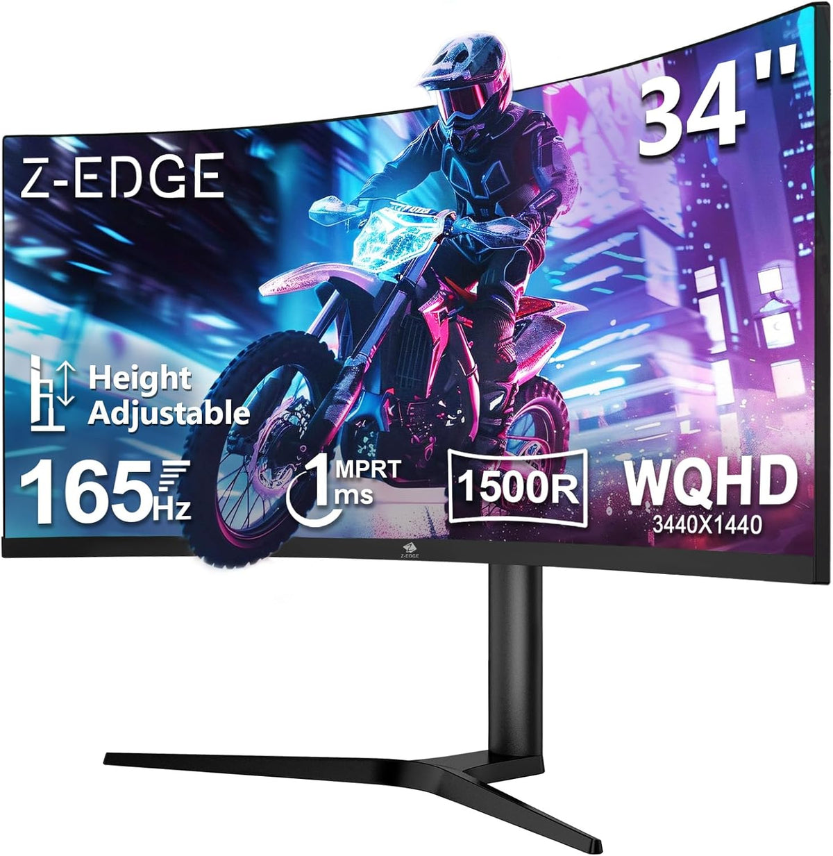 Monitor Gaming Curvo Z-Edge 34'' 3440x1440 165Hz, altura e inclinación AJUSTABLES, 1ms FreeSync, monitor ultra ancho 21:9, 1500R VA, 2xHDMI2.0, 2xDP1.4, RGB VESA 100x100mm (cable DP incluido)
