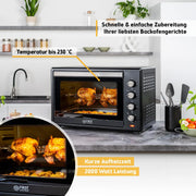 Minihorno TZS First Austria 60 L 2000 W, horno para pizza, 230 °C, 6 modos, temporizador de 60 min, 4 alturas de inserción, bandeja de horno, rejilla, asador giratorio, A++