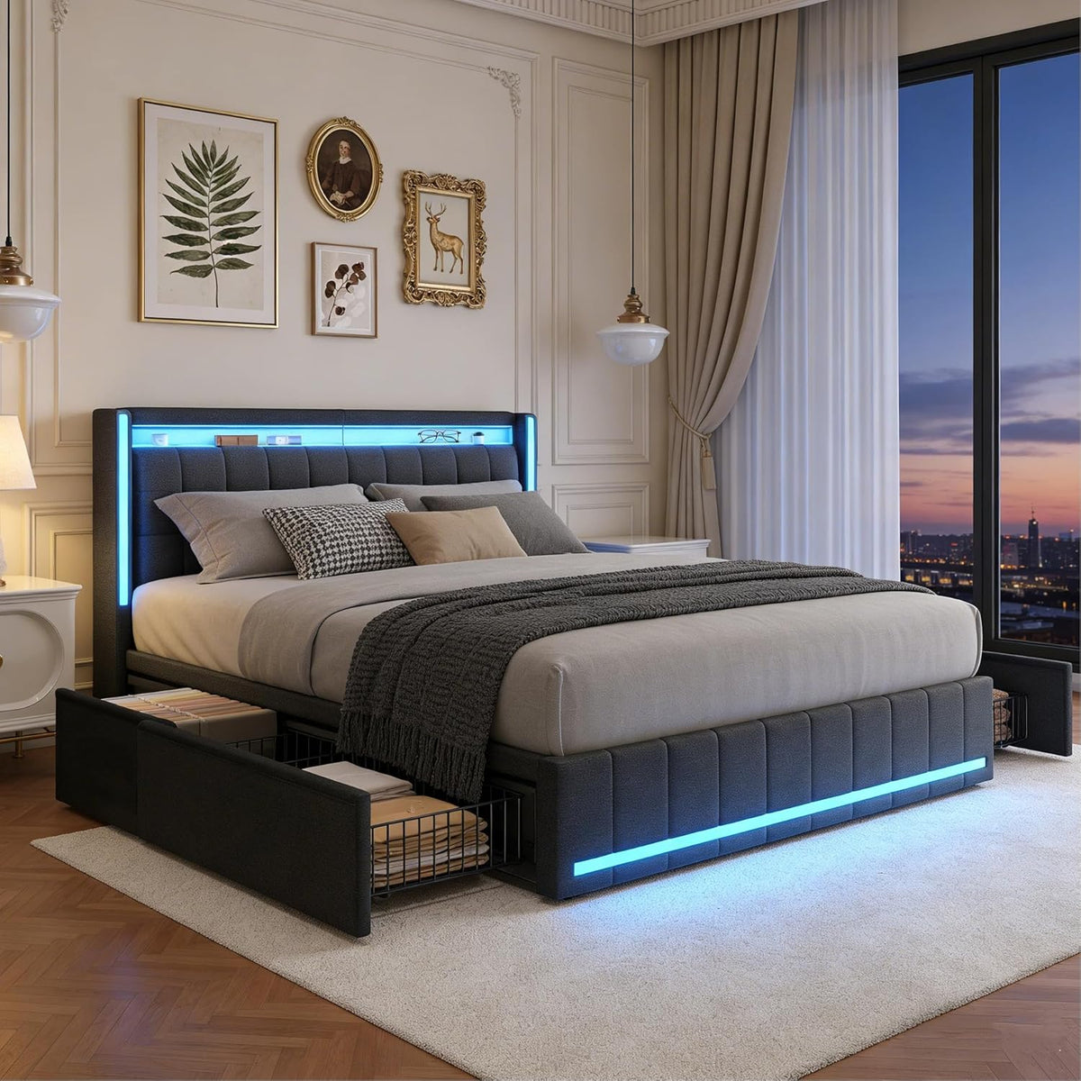 Cama tapizada BRILVERDE 160x200 con almacenamiento, cama doble con USB/LED, cama juvenil con 4 cajones, estructura de cama con somier y cabecero, lino (gris, 160 x 200 cm)