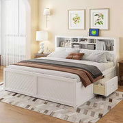 Cama de plataforma de madera King Size FAMYYT con cabecero de almacenamiento múltiple, USB y cajones, fácil montaje