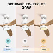 Mellerware - Ventilador de techo con mando a distancia Brizy Bright | 45 W | 6 velocidades | Ultrasilencioso | 3 aspas 132 cm de diámetro | Función verano-invierno | Temporizador | LED | Madera clara