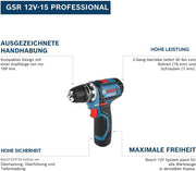 Taladro atornillador a batería Bosch Professional 12V System GSR 12V-15 (incluye 2 baterías de 2,0 Ah, cargador, set de 39 accesorios, bolsa de herramientas) - Exclusivo de Amazon