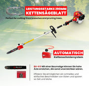Desbrozadora de gasolina BU-KO de 52 cc con gran alcance: recortadora y desbrozadora de gasolina, cortasetos de gasolina extensible, motosierra, 3 barras de extensión de 75 cm y bolsa de herramientas