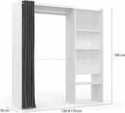 IDMarket - Vestidor extensible Marty 120/170 x 50 x 180 cm blanco con estantes + doble barra de armario + cortina gris