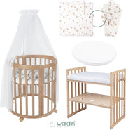 Cuna ovalada evolutiva Waldin, set completo 7 en 1, cuna de barrotes, cama infantil con colchón, cambiador, cuna colecho, madera blanca