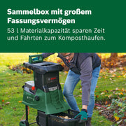 Trituradora de turbina Bosch AXT 25 TC (2500 W; adecuada para madera y residuos de jardín duros; incluye guantes de jardinería; caja colectora integrada de 53 l; en caja de cartón) – Edición