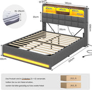 Cama tapizada AOGLLATI 140×200, cama hidráulica con almacenaje e iluminación LED, cama juvenil con puertos USB y tipo C, estructura de cama doble con listones de madera, tela de lino, sin colchón (Gris, 140x200 cm)