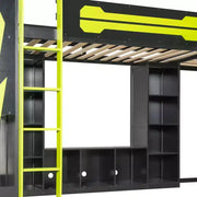Litera tipo loft en forma de L para juegos con escritorios, litera doble con luces LED, puertos USB, estanterías de almacenamiento, cama alta esquinera de madera para 2 personas