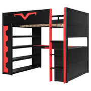 Cama tipo loft para juegos Luxystar Modern con escritorio iluminado, bandeja para teclado, tablero perforado y estantería de almacenamiento