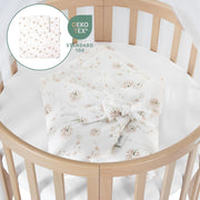 Cuna ovalada evolutiva Waldin, set completo 7 en 1, cuna de barrotes, cama infantil con colchón, cambiador, cuna colecho, madera blanca