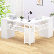 Escritorio en L HSH con cajones, escritorio esquinero para oficina en casa, mesa de ordenador con espacio de almacenamiento y armario, escritorio moderno de metal y madera para despacho, blanco, 150 cm