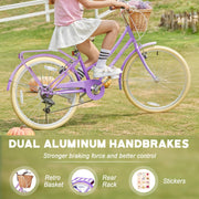 Glerc Missy 20, 24, 26 pulgadas bicicleta híbrida urbana tipo crucero para niñas, de 6 velocidades, con cesta de mimbre, para jóvenes mayores de 6 años, varios colores