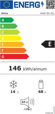 Frigorífico integrable bajo encimera Amica, panelable para nicho de 81,5 cm, control electrónico, compresor inverter, iluminación LED, alarma de puerta abierta, 82 litros