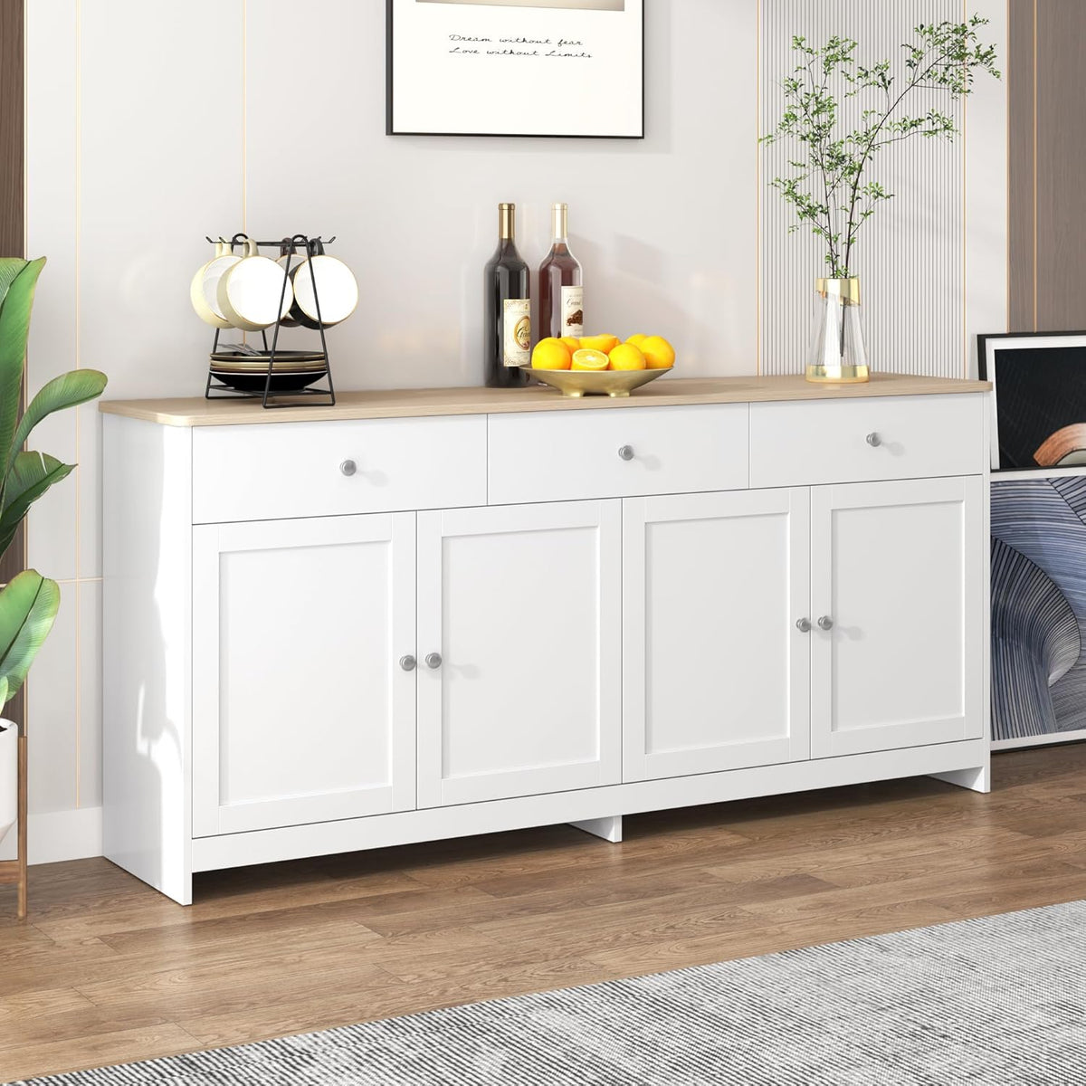 Aparador Ymkua, buffet, cómoda para salón y comedor, armario de almacenamiento con 4 puertas y 3 cajones, armario de salón moderno, 160x37x75 cm, madera y blanco