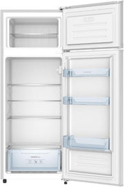 INFINITON Frigorífico de dos puertas FG-A145B, 200 Litros, 143 cm de altura, Defrost, luz LED interior, clase E, diseño con tirador integrado, 55 cm de ancho, patas regulables en altura, puerta reversible, blanco