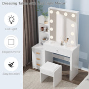 Tocador con espejo e iluminación, mesa de maquillaje, con 4 cajones, 4 estantes abiertos para dormitorio, conjunto de tocador con luces y taburete, 3 estantes ocultos
