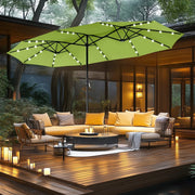 Sombrilla de mercado para exteriores de doble cara MAISON ARTS de 15 pies, rectangular, con manivela, luces LED solares y base incluida