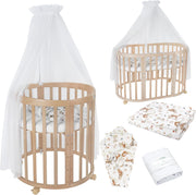 Cuna ovalada evolutiva Waldin, set completo 7 en 1, cuna de barrotes, cama infantil con colchón, cambiador, cuna colecho, madera blanca
