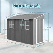 Cobertizo de metal para herramientas de 4 x 10 pies, diseño adosado, caseta con ventana y techo inclinado, cobertizo de acero resistente a la intemperie como garaje para 2-3 bicicletas, arcón para cubos de basura y caseta de jardín, con cerradura, gris