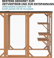 Recinto exterior para gatos Wiltec 168 x 82 x 166,5 cm con 6 superficies de descanso, recinto para gatos resistente a la intemperie para jardín, caseta para gatos con malla de alambre y techo de betún