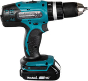 Taladro percutor a batería Makita DHP453RFX2 18 V / 3,0 Ah en maletín de aluminio + juego de accesorios de 96 piezas, azul/plateado
