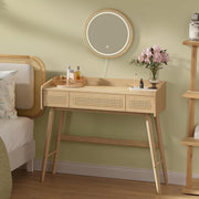 SONGMICS HOME Tocador con espejo y luz, mesa de maquillaje, 3 cajones imitación ratán, luz ajustable con 3 colores, estilo bohemio, dormitorio, beige roble RVT007Y01