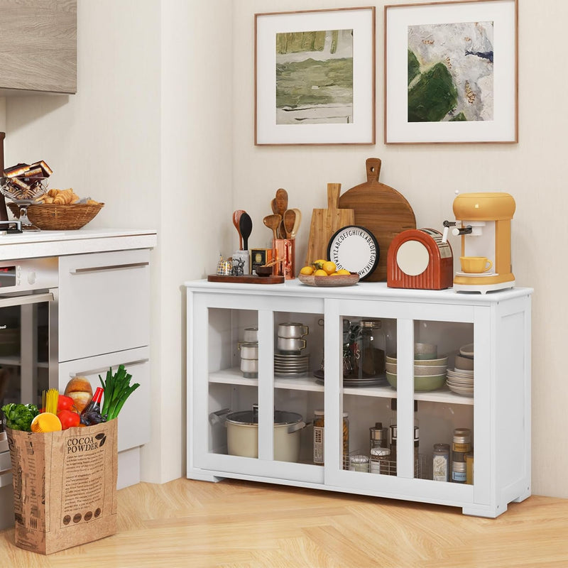 Aparador COSTWAY, mueble de cocina con puertas correderas de cristal y estante ajustable, aparador armario de almacenamiento, para cocina, comedor, sala de estar, 107 x 33 x 64 cm, madera (blanco)