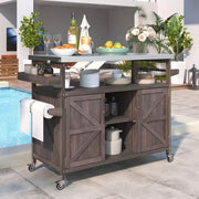 Isla de cocina para exteriores con cubierta de acero inoxidable, carrito de cocina de madera con puertas, estantes y especiero, isla de cocina con ruedas