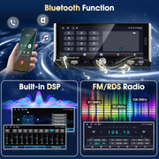 Autoradio Android 15 Motorsi con Apple CarPlay, pantalla táctil IPS de 6.9 pulgadas 1280P, 1 DIN, 4 núcleos, 2+64 GB, Bluetooth, GPS, DSP, Android Auto, WiFi, radio FM/RDS, cámara de reversa AHD y micrófono.