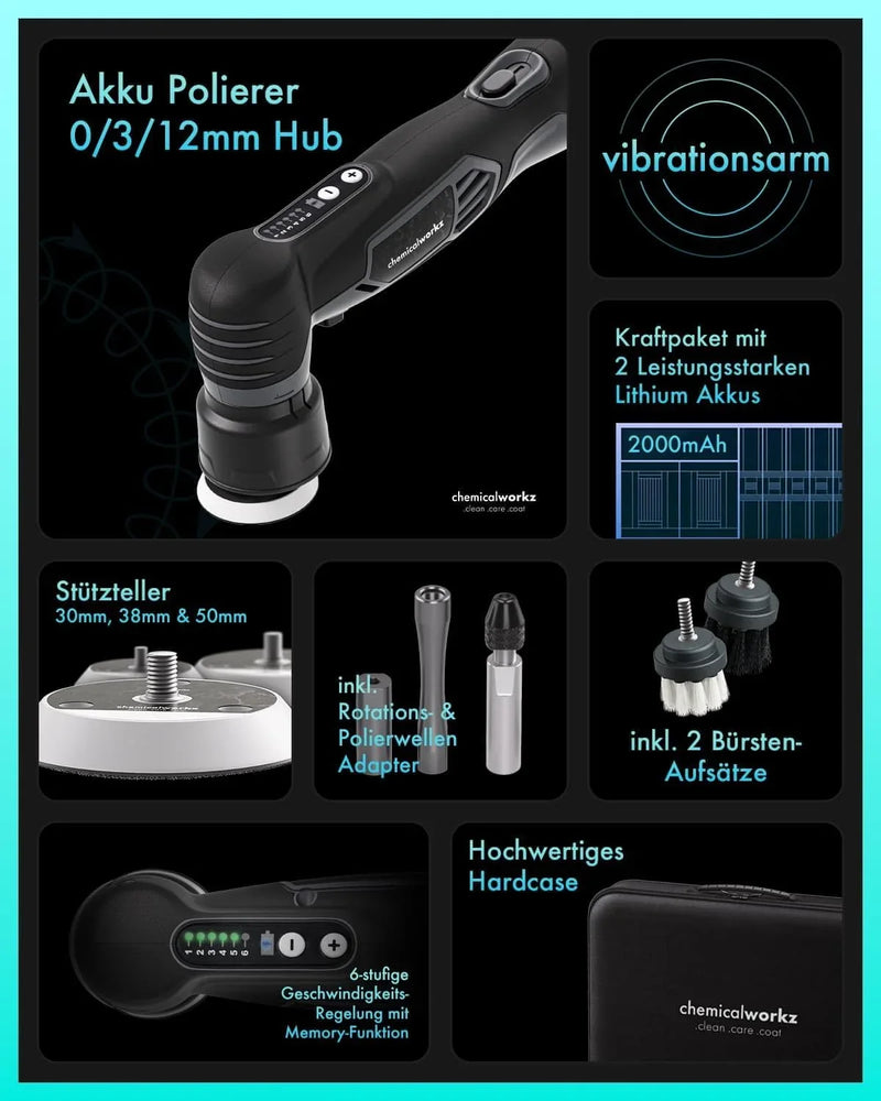 Pulidora inalámbrica EVO Mini, juego de 25 piezas, excéntrica y rotativa con baterías, adaptadores, platos de apoyo, almohadillas y accesorios