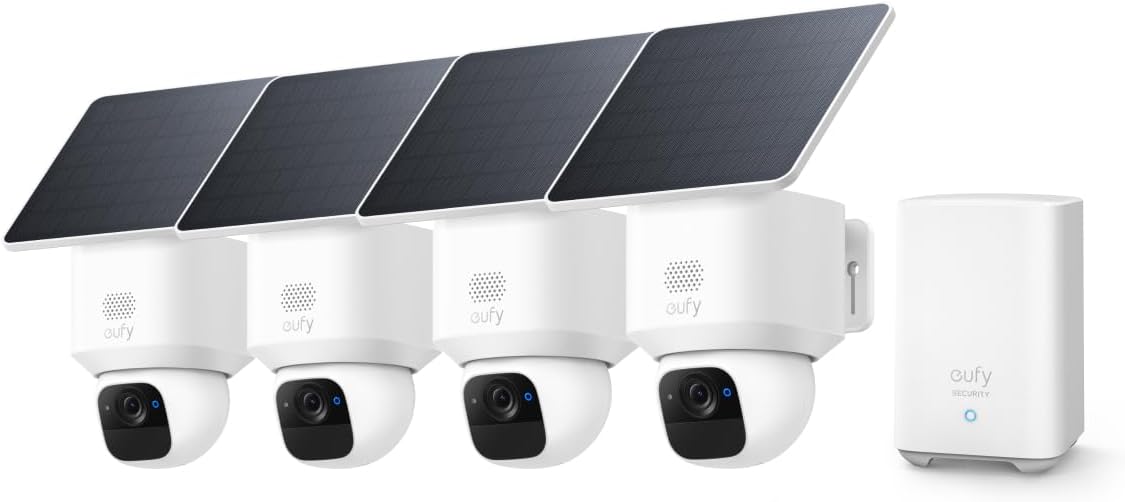eufy eufyCam Solo E30 Paquete de 4 cámaras de vigilancia solares con HomeBase S280, giro de 360°, seguimiento con IA, calidad 2K, inalámbricas, cámara de seguridad para exteriores eufy